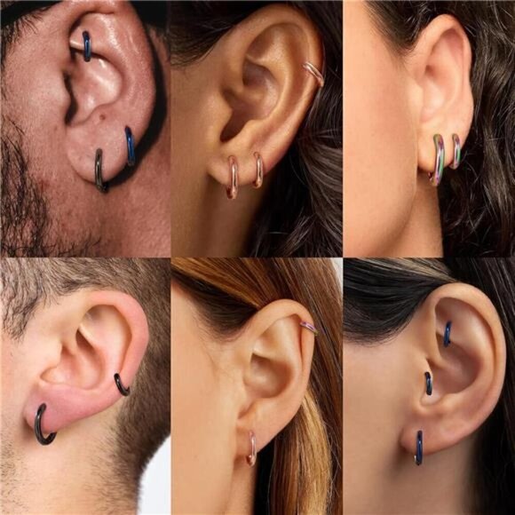 5 Pairs Small Rainbow Hoop Earrings Unisex Hypoallergenic 316L Stainless Steel - Picture 6 of 7